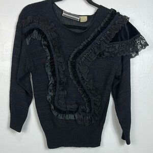 Le Bourget Vintage Elegant Black Sweater With Ruffle Lace Detail Size SP